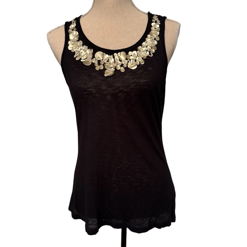 DELETTA ANTHROPOLOGIE TOP TANK BLACK SCOOP NECK SLUB KNIT PAILLETTES BEADS SZ S